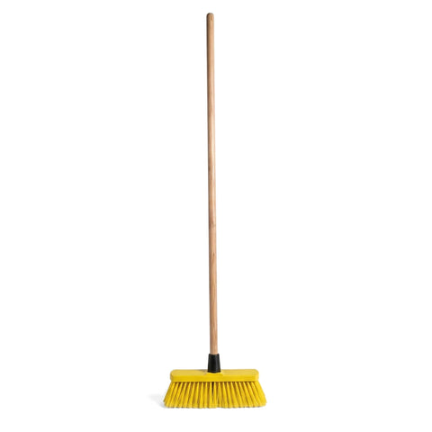 Upright Broom Wooden Flagged with a natural wood handle and vibrant yellow flagged bristles for effective sweeping on