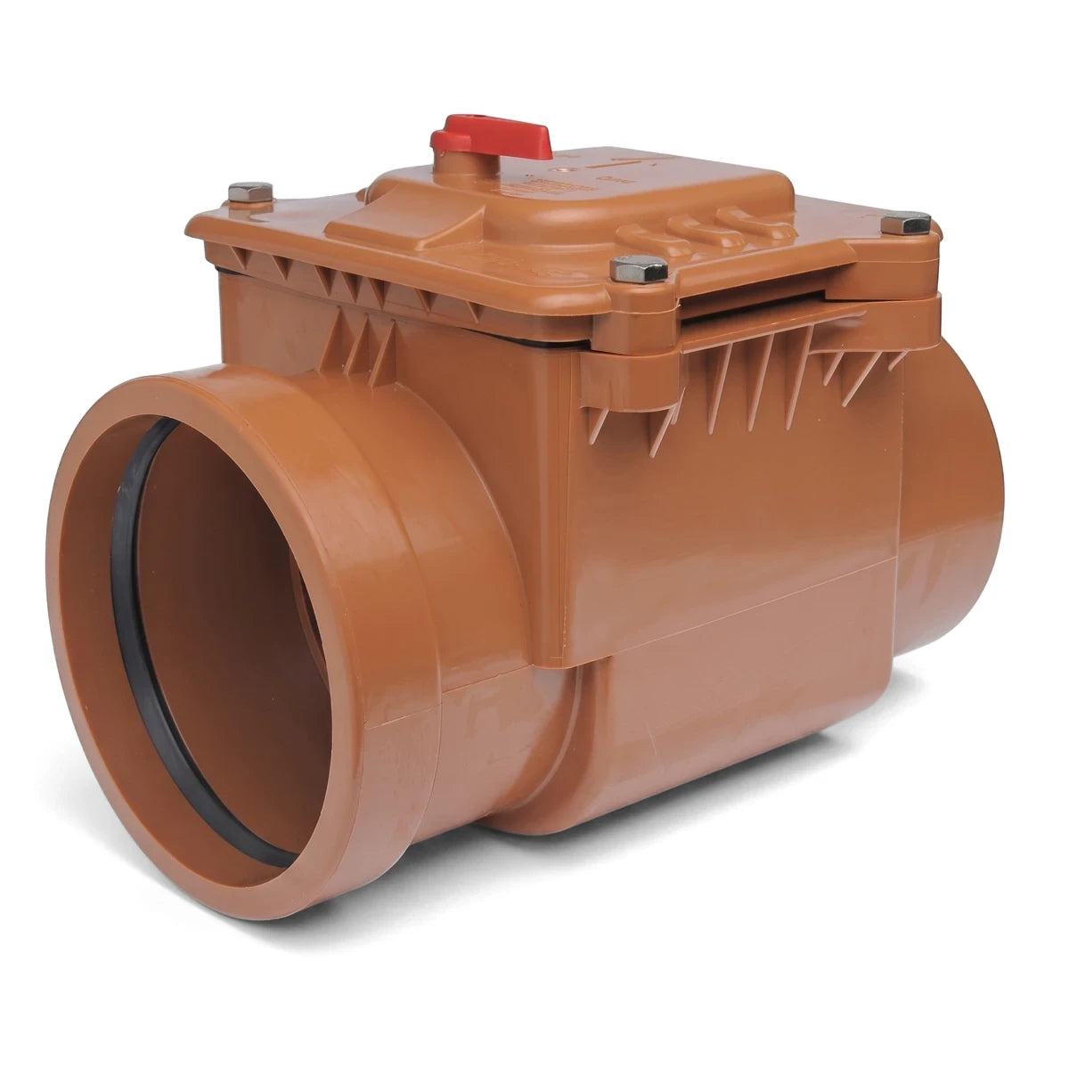 Brown 160mm non-return valve with a red lever, designed for drainage systems, viewed from an angled perspective.