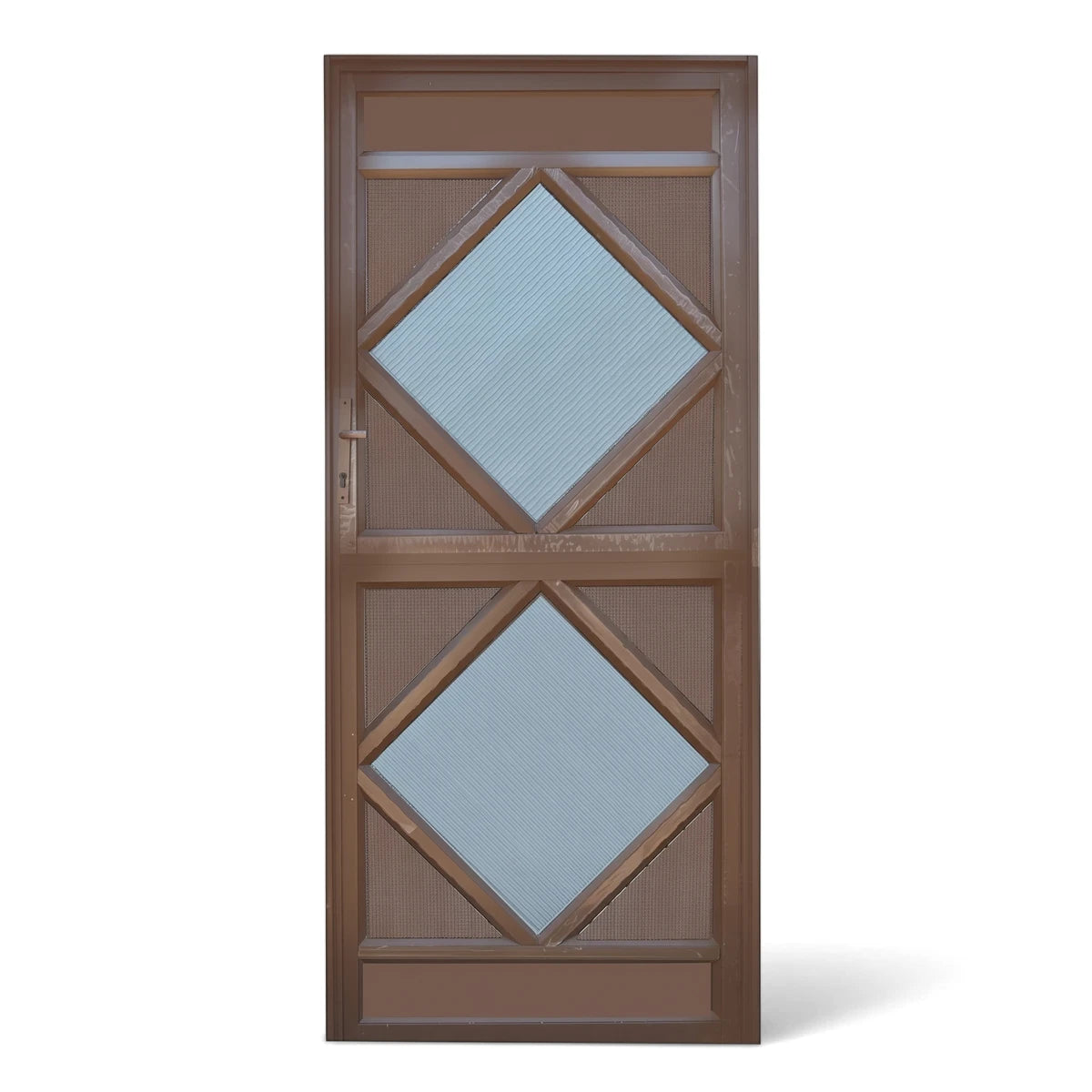 Brown aluminium door featuring two diamond-shaped translucent blue glass inserts and a prominent handle on the left.