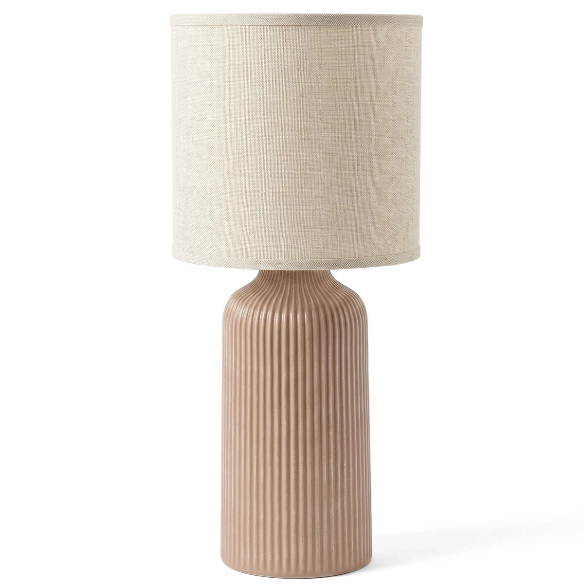 Modern brown ceramic table lamp with a ribbed cylindrical base and a cylindrical cream fabric shade, shown on a white