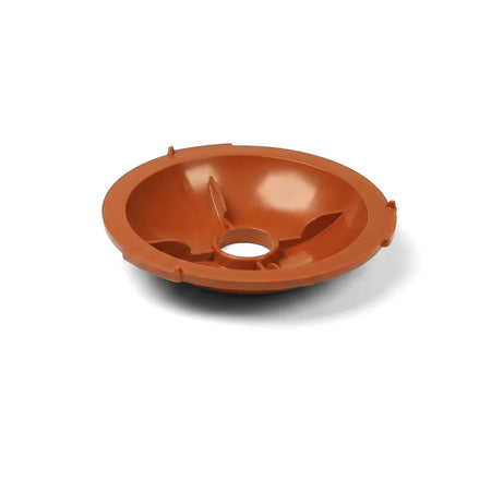 Brown replacement weir vacuum lid Mk2, round with internal dividers and a central opening, viewed from an angle. Durable