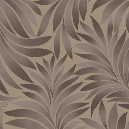 Brown wallpaper with a subtle, flowing botanical leaf pattern, suitable for modern interior design.