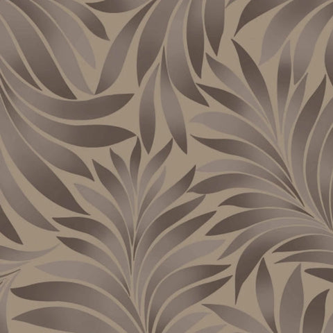 Brown wallpaper with a subtle, flowing botanical leaf pattern, suitable for modern interior design.