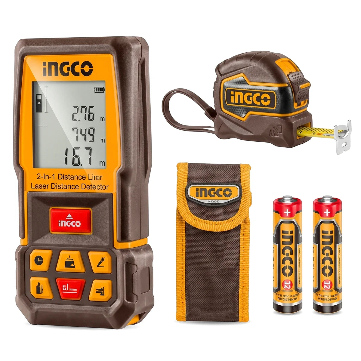 Brown and yellow Ingco 2-In-1 laser distance detector combo with digital measure, tape measure, carrying pouch, and AA