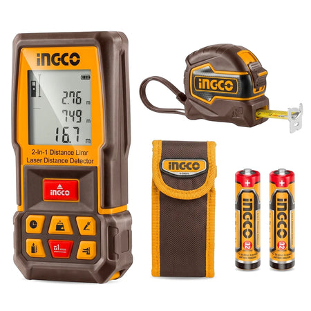 Brown and yellow Ingco 2-In-1 laser distance detector combo with digital measure, tape measure, carrying pouch, and AA