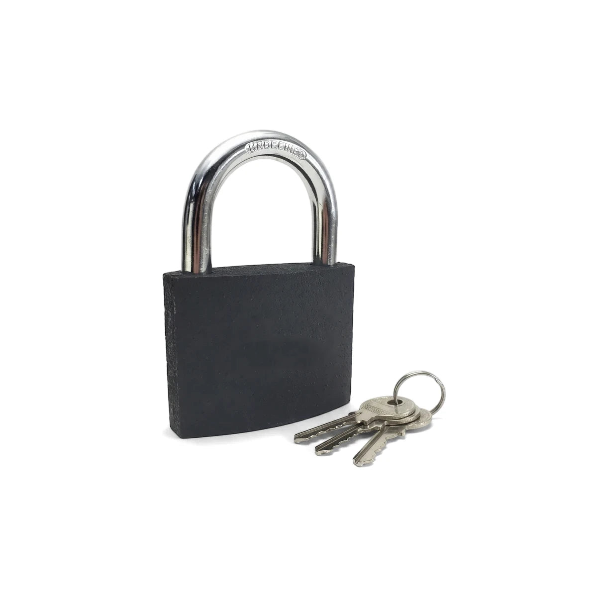 Bruno 38mm Iron Padlock with black body and silver shackle, accompanied by a set of three silver keys.