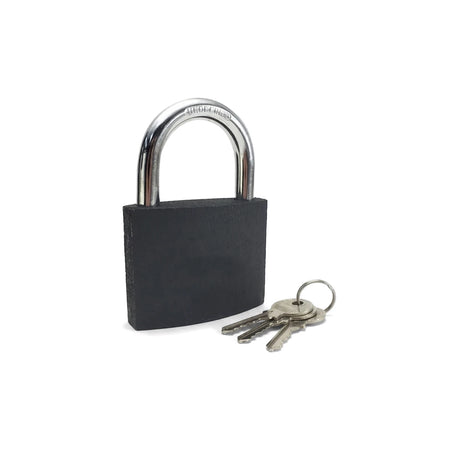 Bruno 38mm Iron Padlock with black body and silver shackle, accompanied by a set of three silver keys.