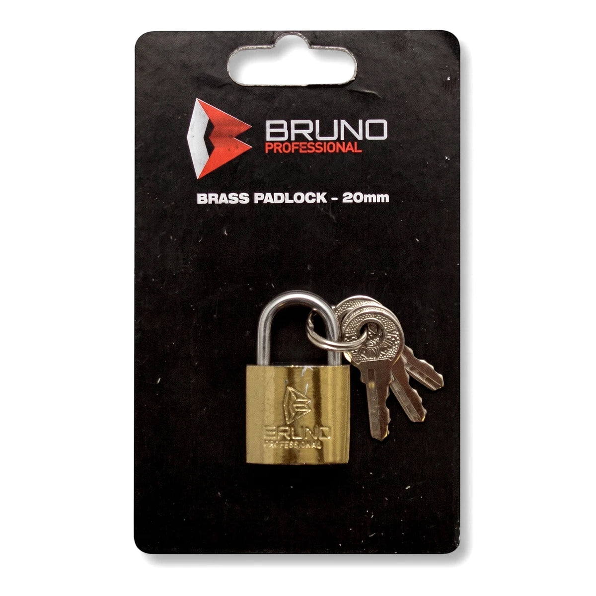Bruno Brass Padlock 50mm with three keys on black retail packaging, featuring a gold brass lock body and silver shackle.