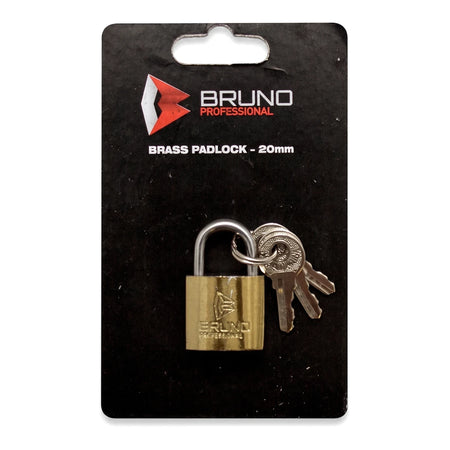 Bruno Brass Padlock 63mm with solid brass body, silver steel shackle, and two keys shown on ring.