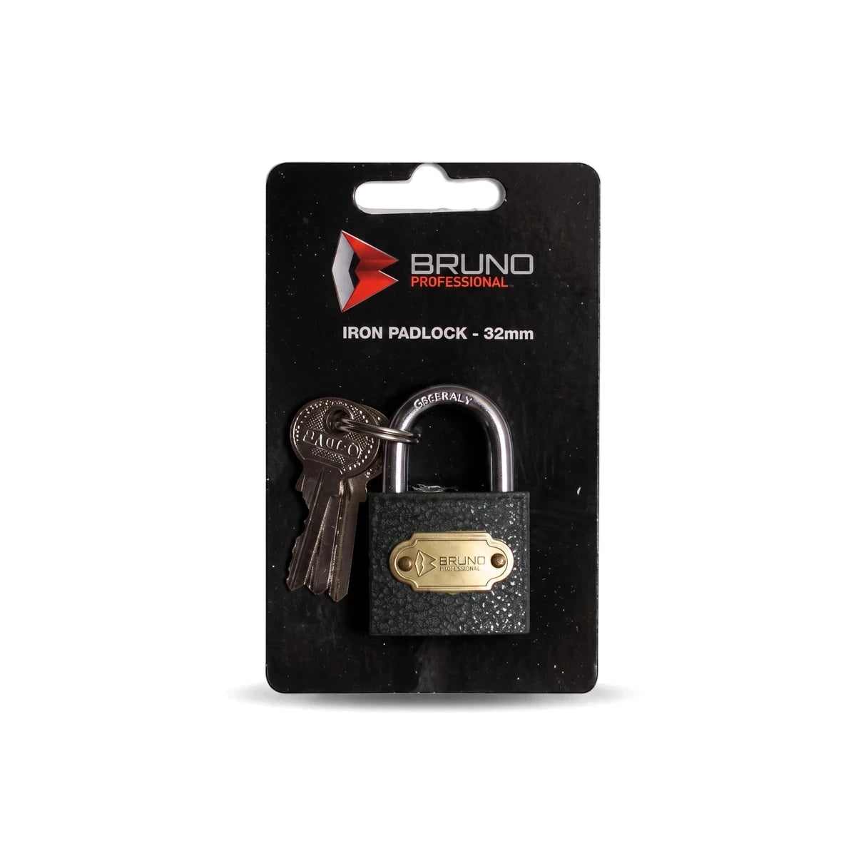 Bruno Iron Padlock 20mm with black iron body and silver shackle, shown front view with two keys.