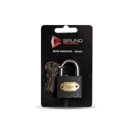 Bruno Iron Padlock 20mm with black iron body and silver shackle, shown front view with two keys.
