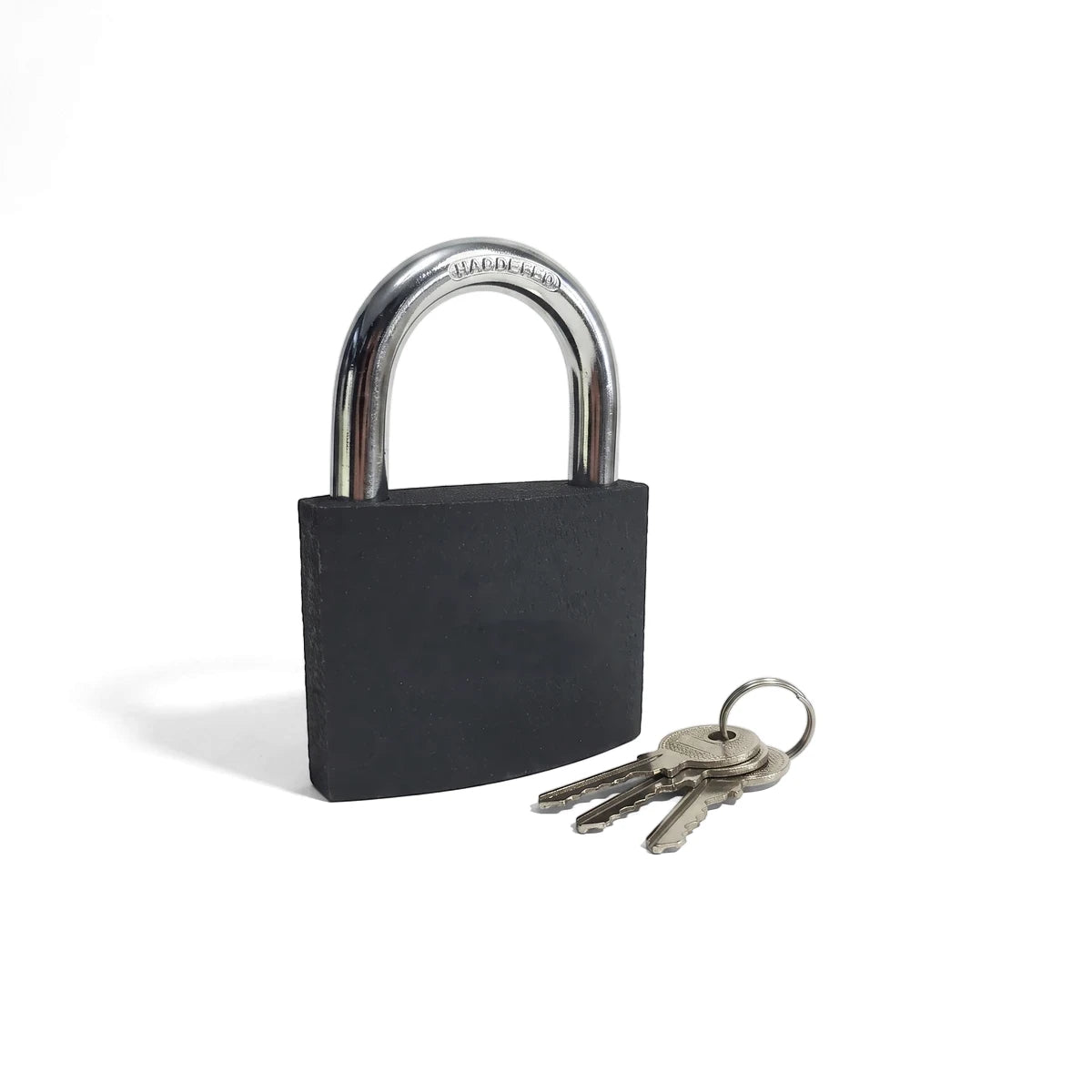 Black 32mm Bruno Iron Padlock with a chrome shackle and three matching silver keys, presented upright with keys beside it.