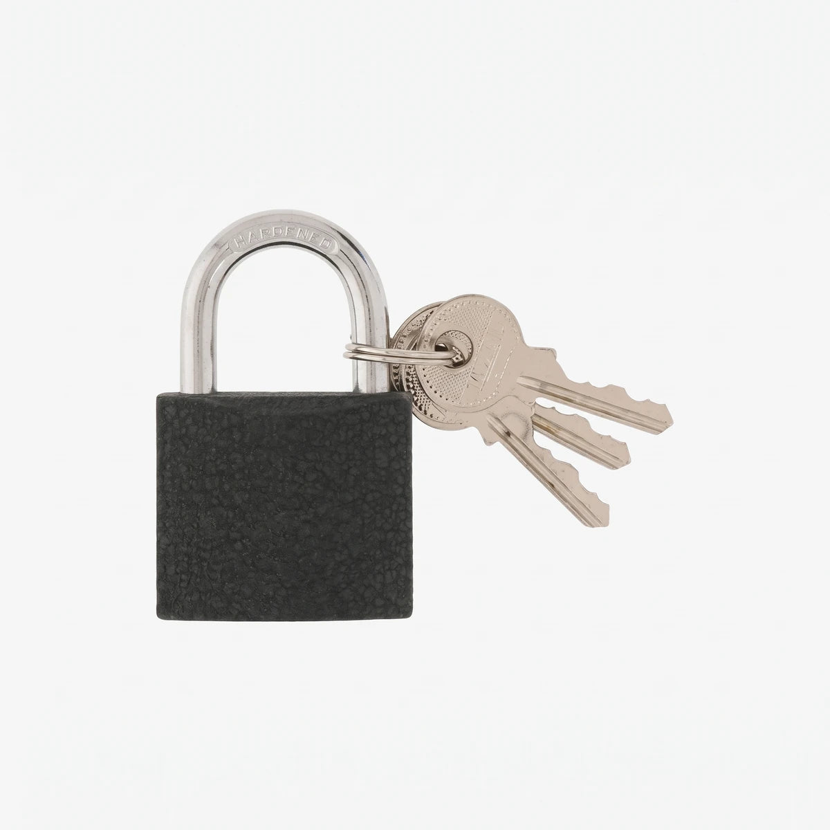 Bruno Iron Padlock 50mm, black body with silver shackle and three accompanying silver keys, front view.