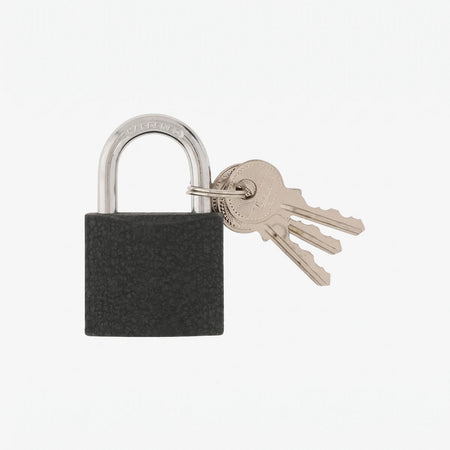 Bruno Iron Padlock 50mm, black body with silver shackle and three accompanying silver keys, front view.