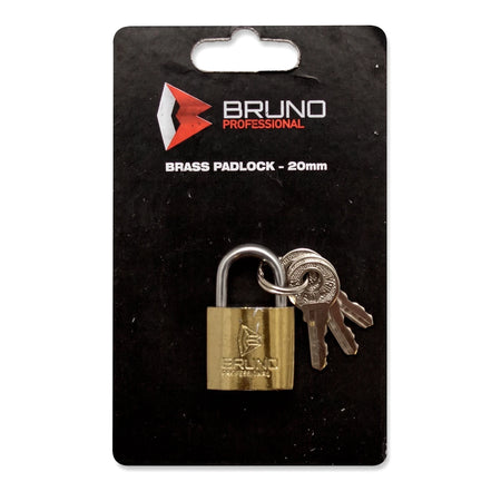 Bruno Professional 20mm brass padlock with three silver keys, displayed on a black hangtag packaging.
