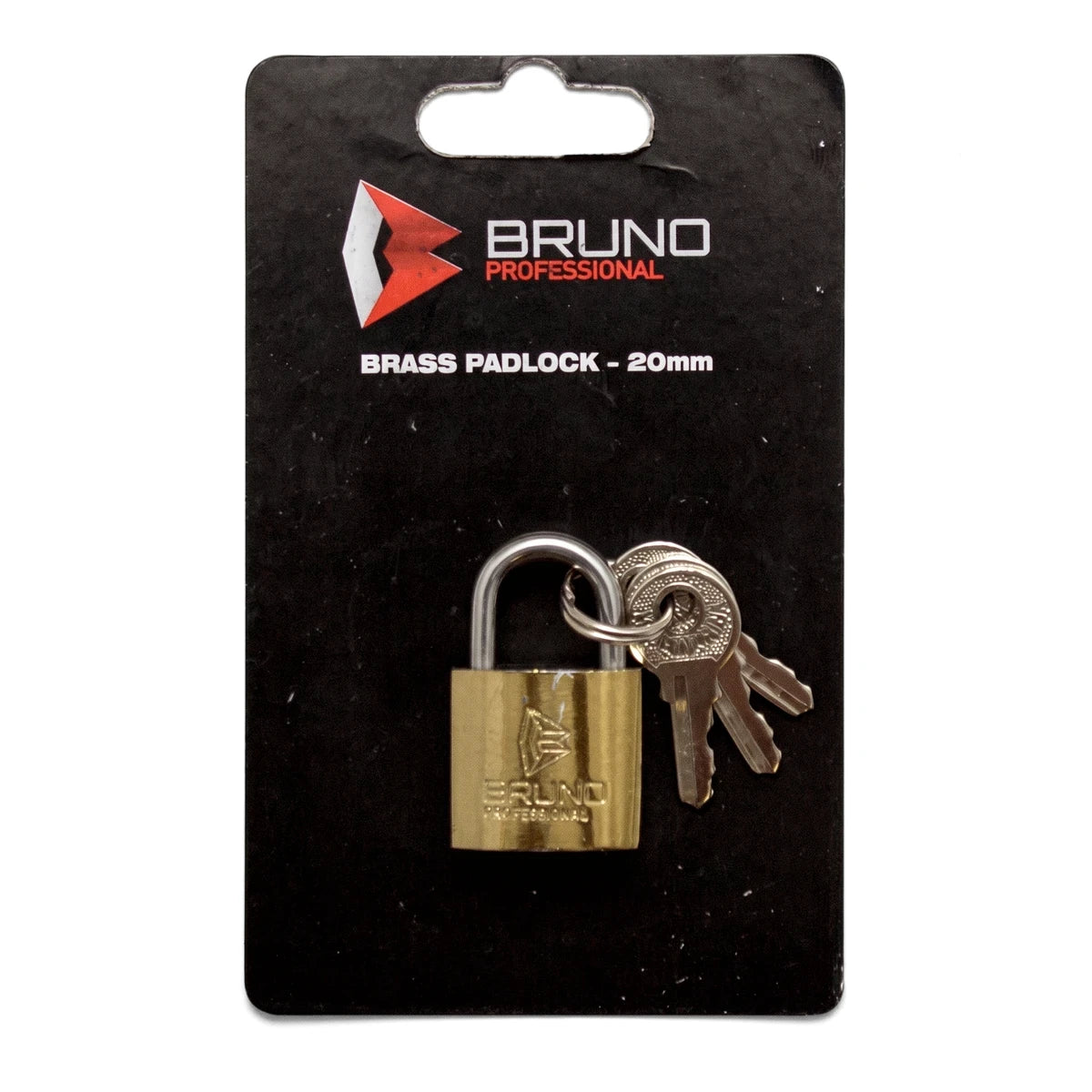 Bruno Professional 32mm brass padlock with three keys, displayed in black retail packaging with product details.