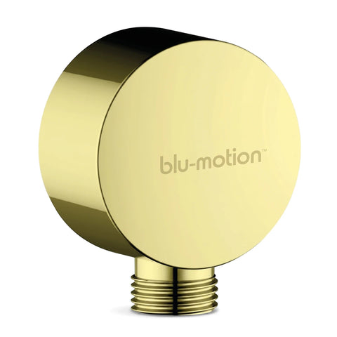 Brush brass round wall elbow, a gold circular plumbing fitting with a threaded connector, shown on a white background.