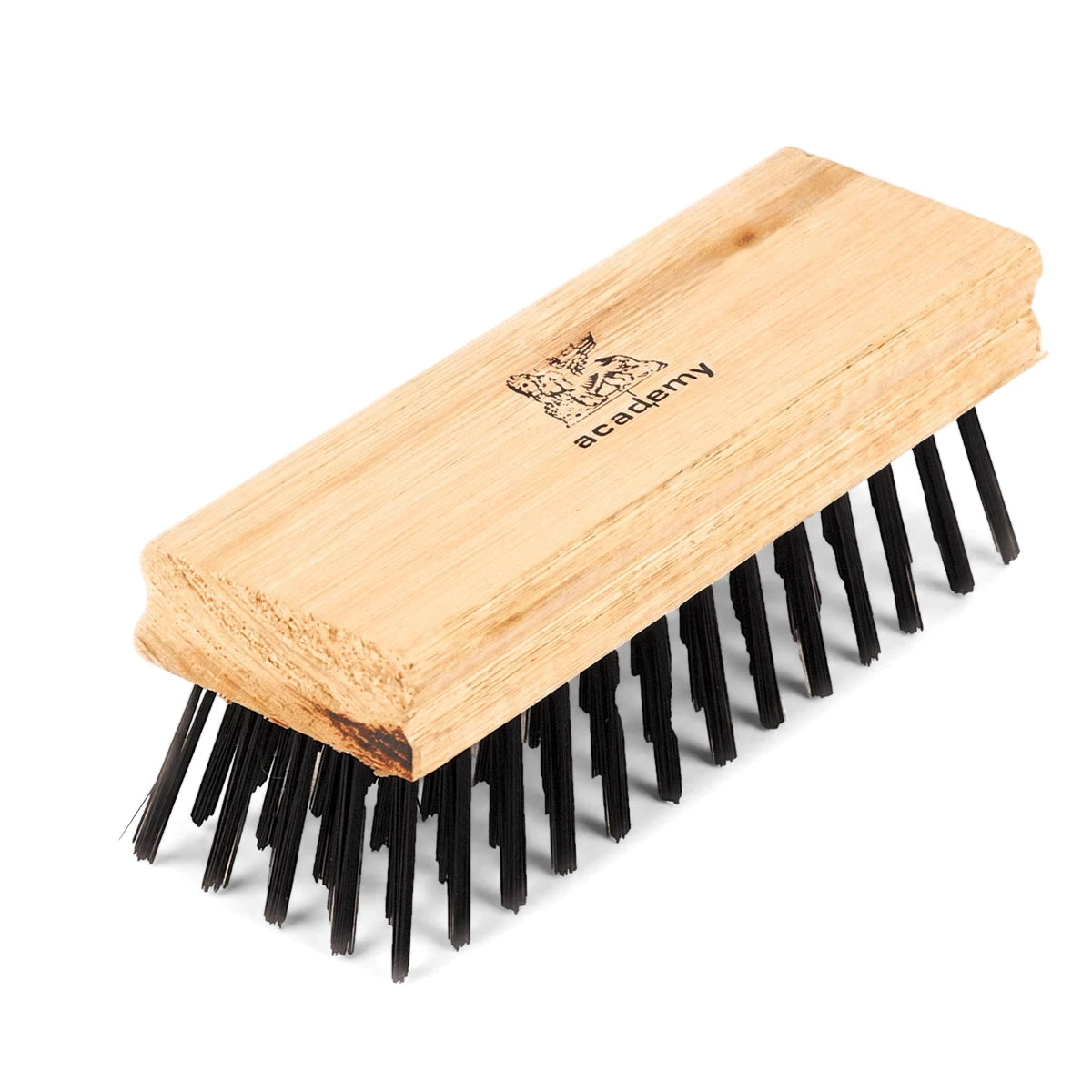 Black wire fine wooden brush with an 'academy' logo on the handle, shown from an elevated angled perspective.