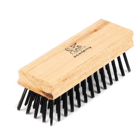 Black wire fine wooden brush with an 'academy' logo on the handle, shown from an elevated angled perspective.