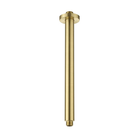 Brushed brass 300mm round shower arm for ceiling mounting, featuring a sleek cylindrical design and a warm golden finish,
