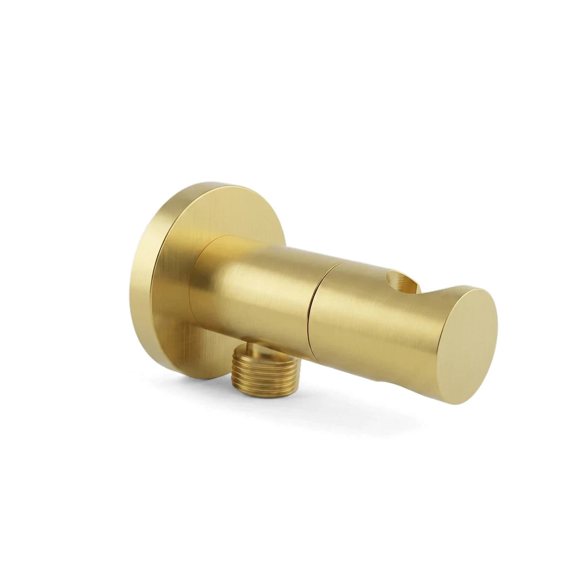 Brushed brass bidet shut off valve for showers, featuring a modern cylindrical design and a circular base.