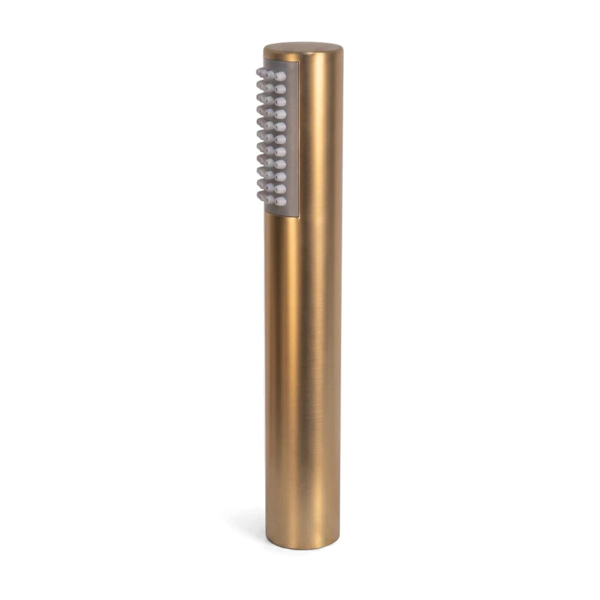 Brushed brass cylindrical hand shower set with multiple white nozzles on a flat panel, displayed upright.
