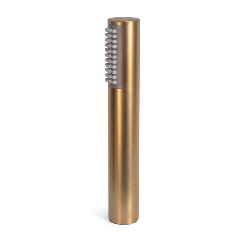 Brushed brass cylindrical hand shower set with multiple white nozzles on a flat panel, displayed upright.