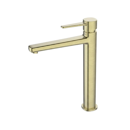Modern brushed brass high-rise mixer faucet with a single lever handle and tall, elegant spout for kitchen or bathroom.