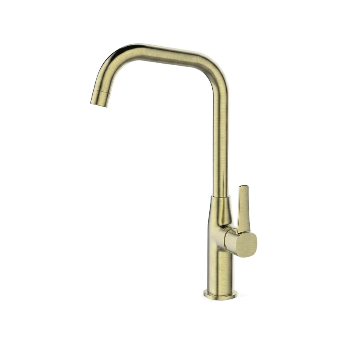 Brushed brass kitchen deck type mixer faucet with a high, curved spout and a single lever handle on the right side.