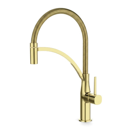 Brushed brass kitchen pin type mixer tap with a flexible coiled hose and single lever handle, side view.