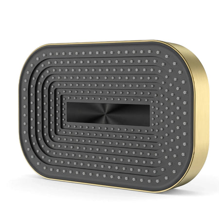 Modern rectangular brushed brass shower head with a dark gray nozzle panel. Measures 325x200x40mm, featuring a sleek