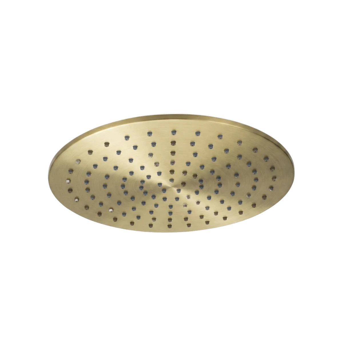 Brushed brass round shower head, 300x41mm (12 inches) with numerous holes, shown from an overhead perspective.