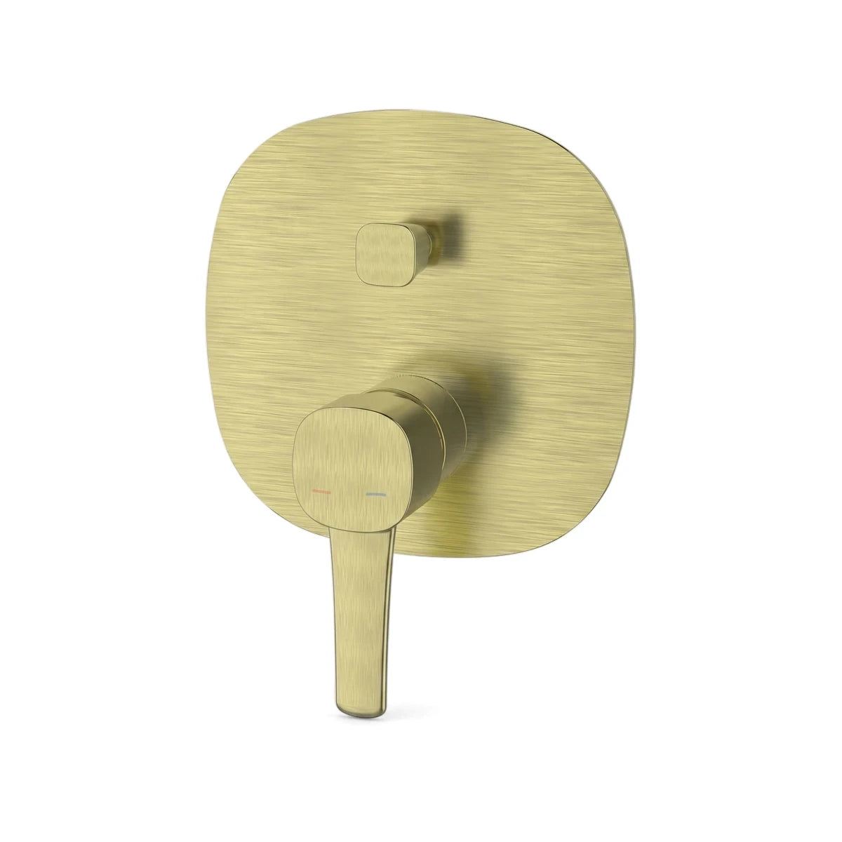 Brushed brass shower diverter mixer with a square escutcheon plate and a single lever handle on a white background.