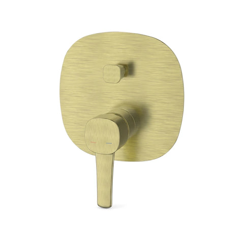 Brushed brass shower diverter mixer with a square escutcheon plate and a single lever handle on a white background.