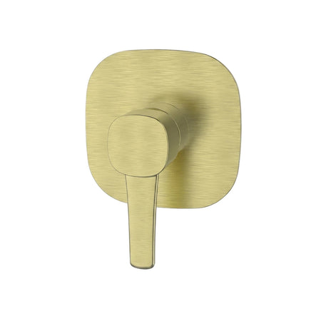 Brushed brass shower mixer with a square plate and a single lever handle, designed for wall mounting in a modern bathroom.