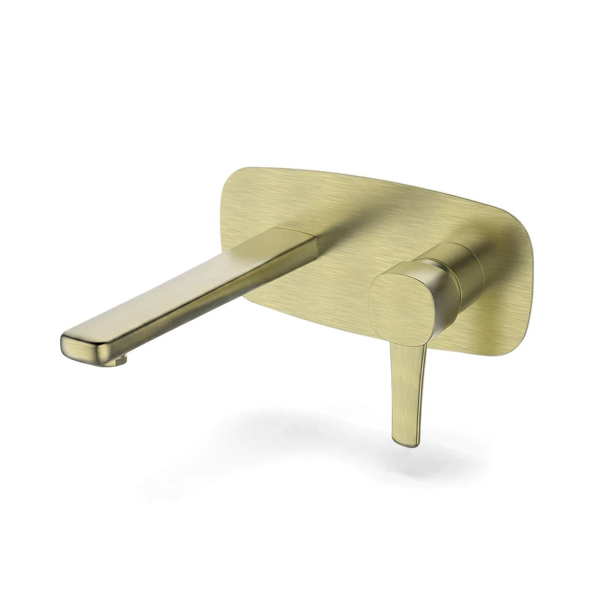 Brushed brass wall basin mixer with a single lever handle and a rectangular backplate, shown from a front-left angle.