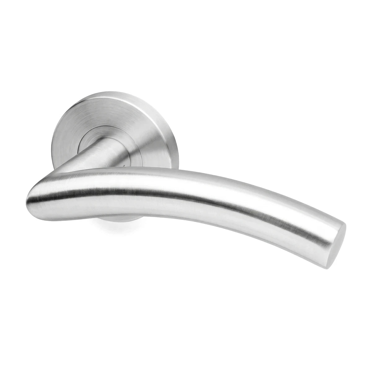 Brushed chrome Umea On Rose handle, a sleek and curved lever door handle on a round rose, viewed from an angle.