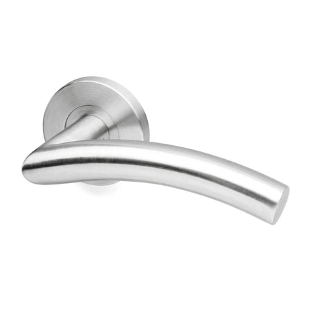 Brushed chrome Umea On Rose handle, a sleek and curved lever door handle on a round rose, viewed from an angle.