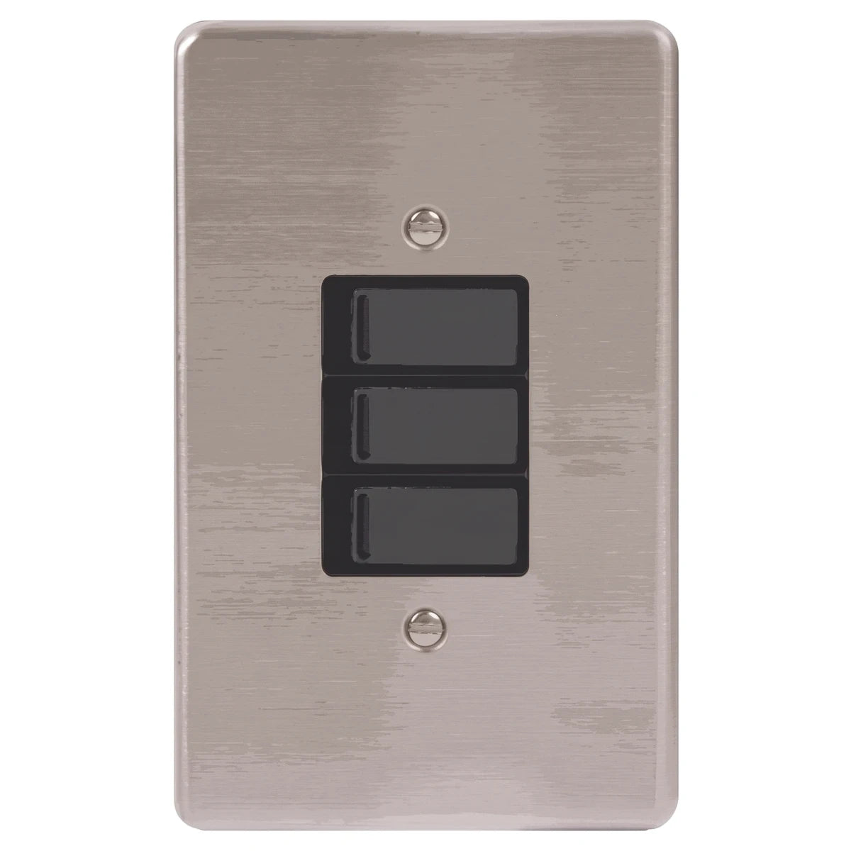 Brushed silver 3-lever light switch plate with three dark gray rocker switches, viewed frontally.