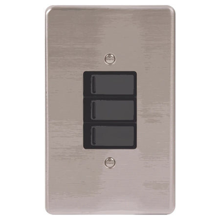Brushed silver 3-lever light switch plate with three dark gray rocker switches, viewed frontally.