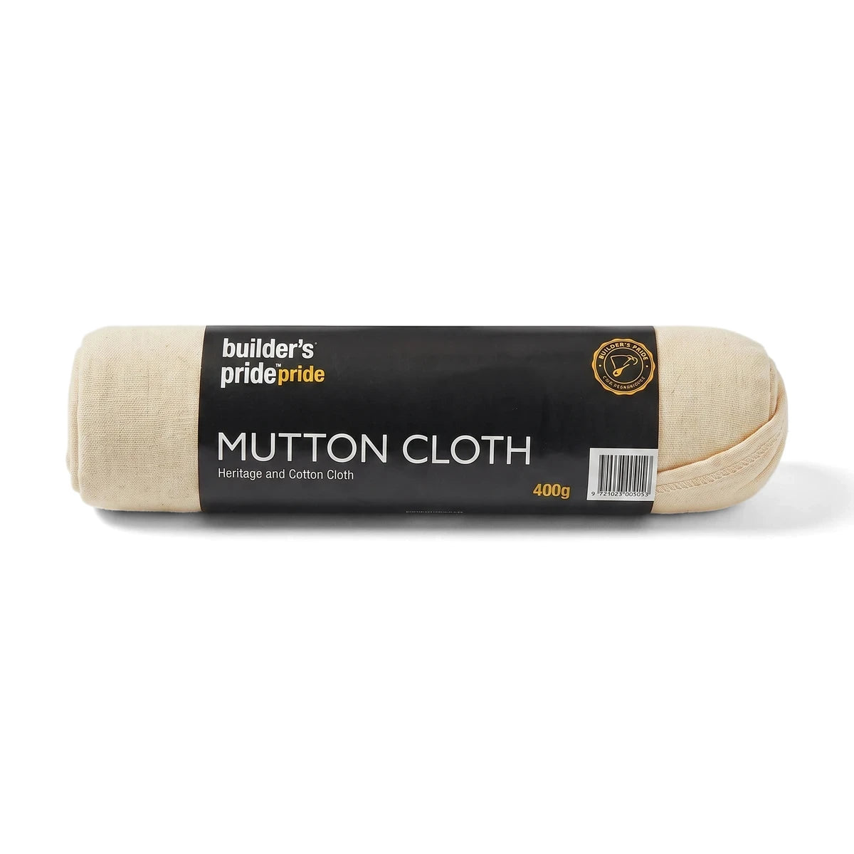 Rolled Builder's Pride Mutton Cloth 400G, an off-white cleaning and polishing fabric, shown horizontally with its black and