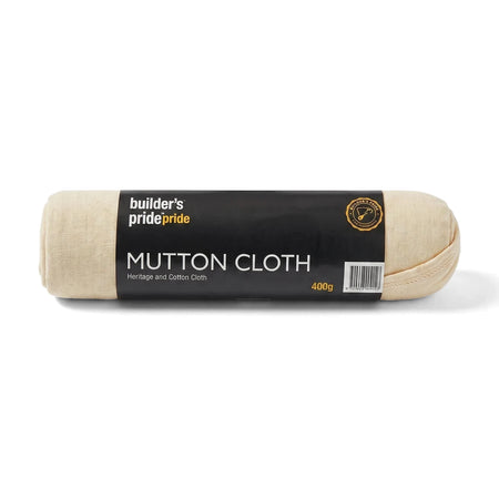 Rolled Builder's Pride Mutton Cloth 400G, an off-white cleaning and polishing fabric, shown horizontally with its black and