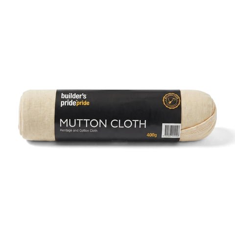Rolled Builder's Pride Mutton Cloth 400G, an off-white cleaning and polishing fabric, shown horizontally with its black and