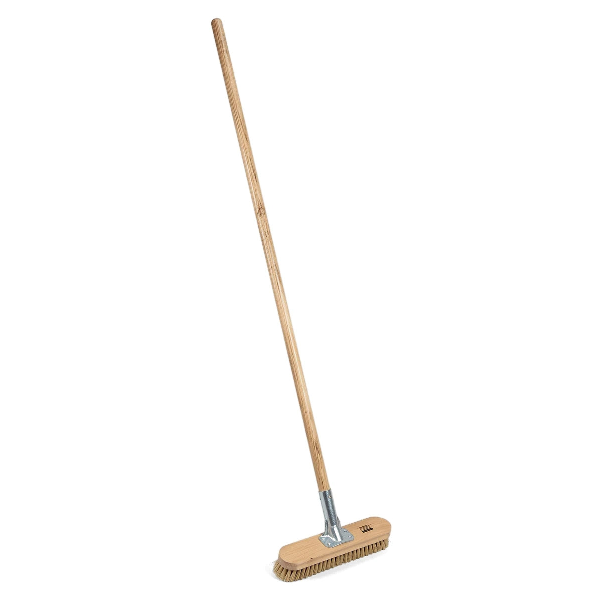 Builders scrub with a long wooden handle and natural bristled brush head, shown diagonally on a white background.