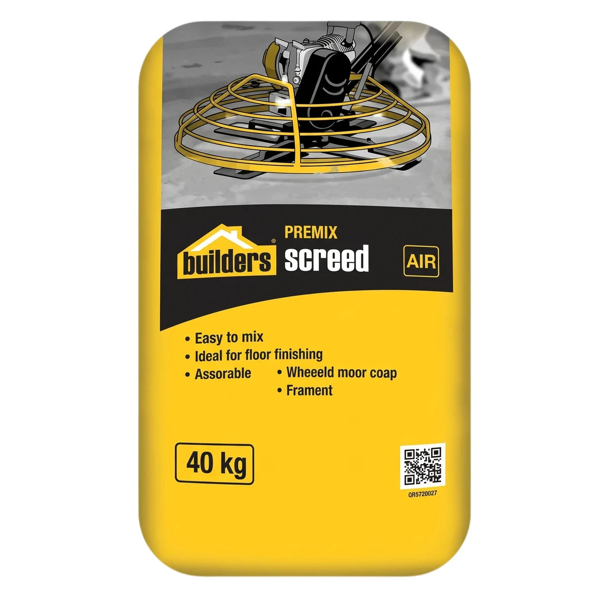 Yellow 40kg bag of Builders Warehouse Screed (River) Premix, standing upright and displaying product information.