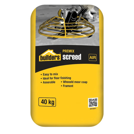 Yellow 40kg bag of Builders Warehouse Screed (River) Premix, standing upright and displaying product information.