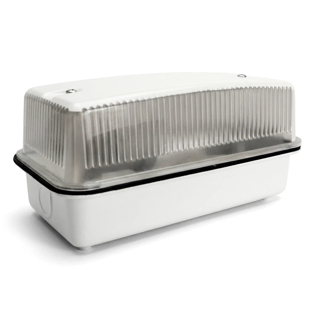 Rectangular die-cast aluminum bulkhead light with a white base and a clear ribbed cover.