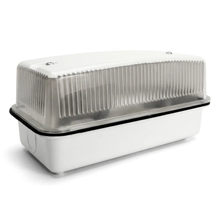 Rectangular die-cast aluminum bulkhead light with a white base and a clear ribbed cover.