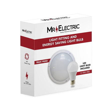 Mr. Electric white bulkhead round light fitting and energy-saving LED light bulb product box, angled view.