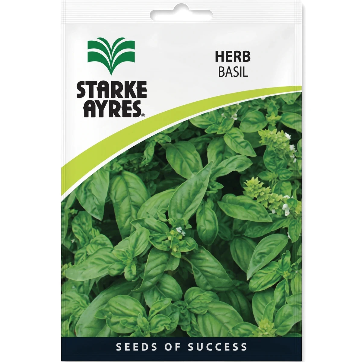 Bush Basil Seeds packet by Starke Ayres, featuring a vibrant image of green basil leaves against a white and green design.